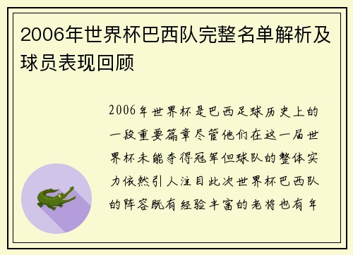 2006年世界杯巴西队完整名单解析及球员表现回顾