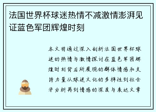 法国世界杯球迷热情不减激情澎湃见证蓝色军团辉煌时刻