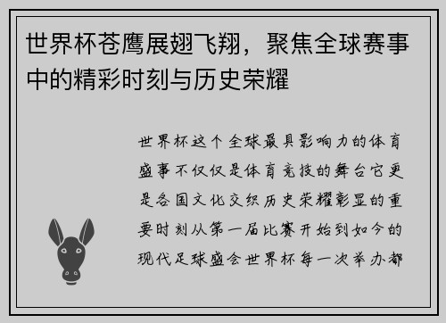 世界杯苍鹰展翅飞翔，聚焦全球赛事中的精彩时刻与历史荣耀